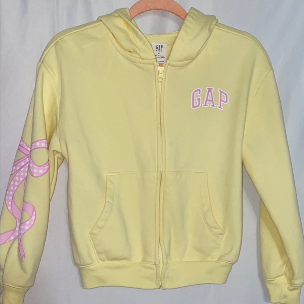 GAP kids Yellow Coquette Zip Up Hoodie with Pink Bow Gingham Sleeve Graphic